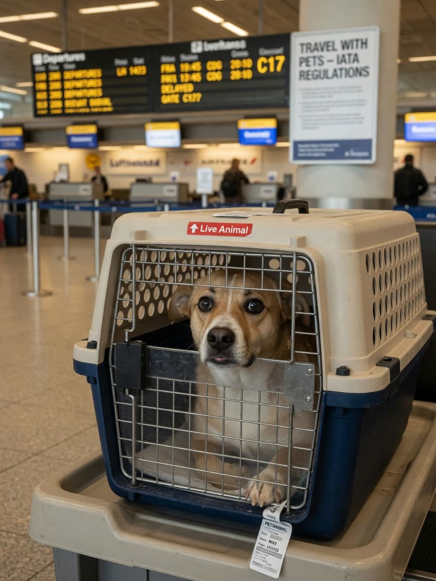 Anxious dog inside an airline pet carrier in an airport terminal, showing stress before air travel