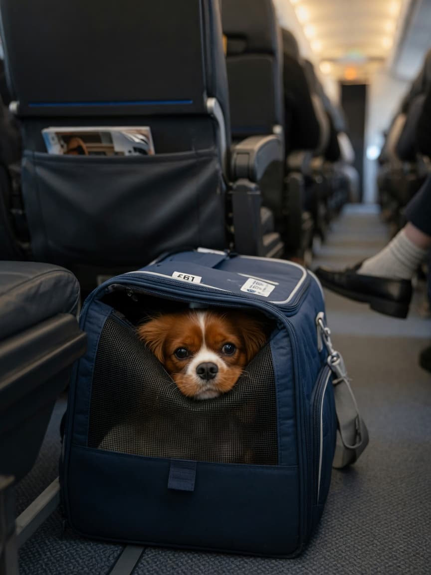 Small dog in airline carrier positioned under airplane seat in cabin