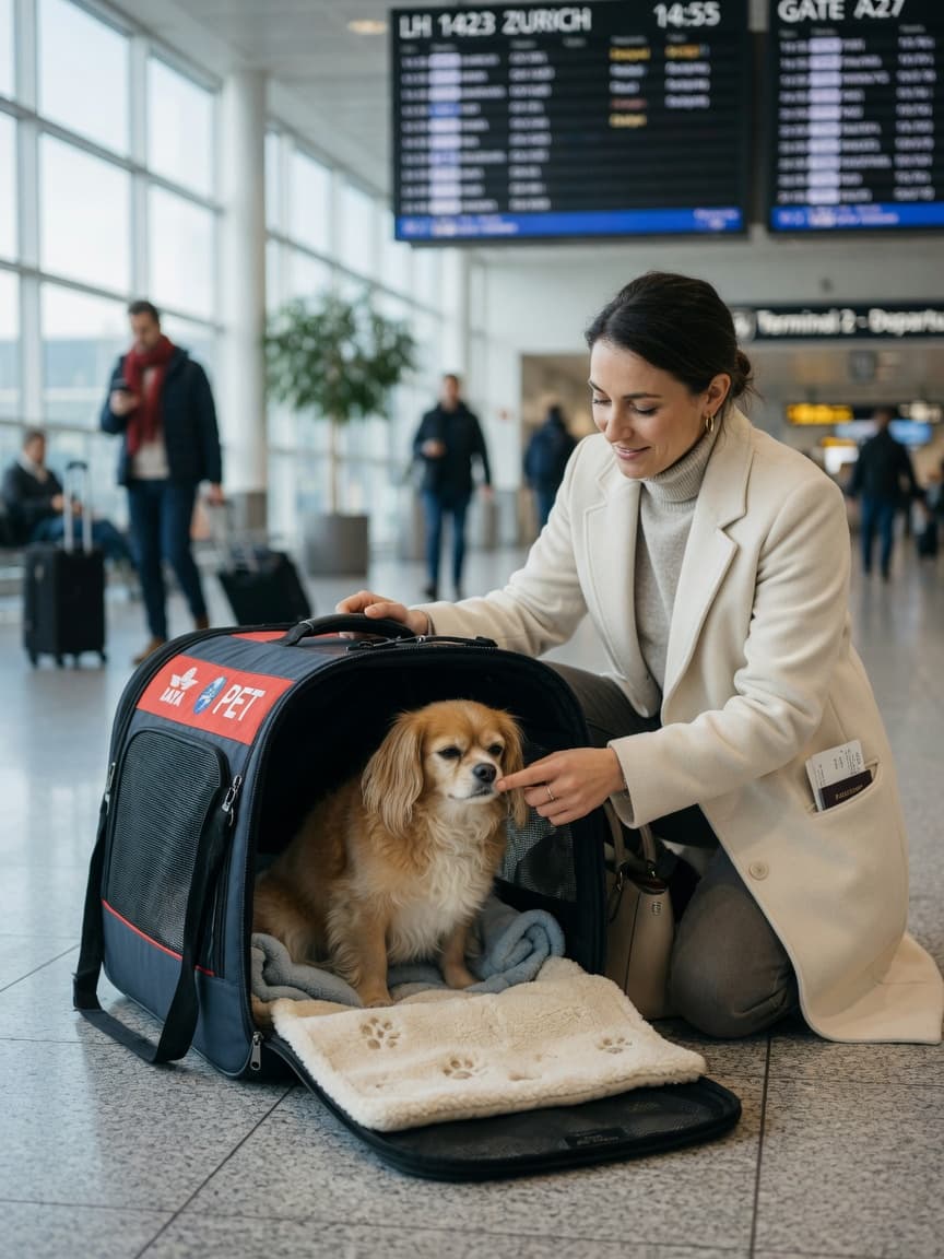 Small dog in airline pet carrier at airport with owner kneeling beside it, gently reassuring the pet before flight