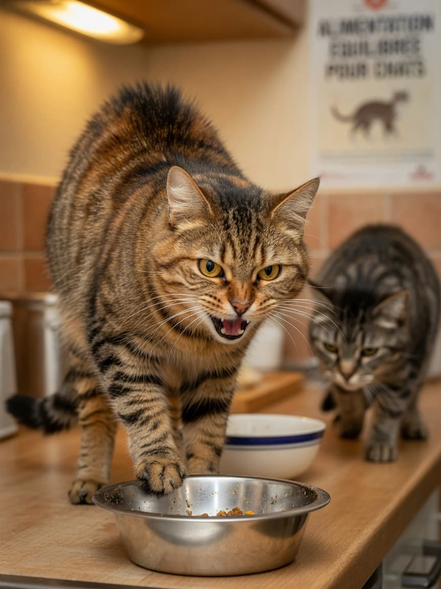 Tabby cat displaying food aggression over a bowl, ears back and mouth open in a hiss, with another cat approaching in the background