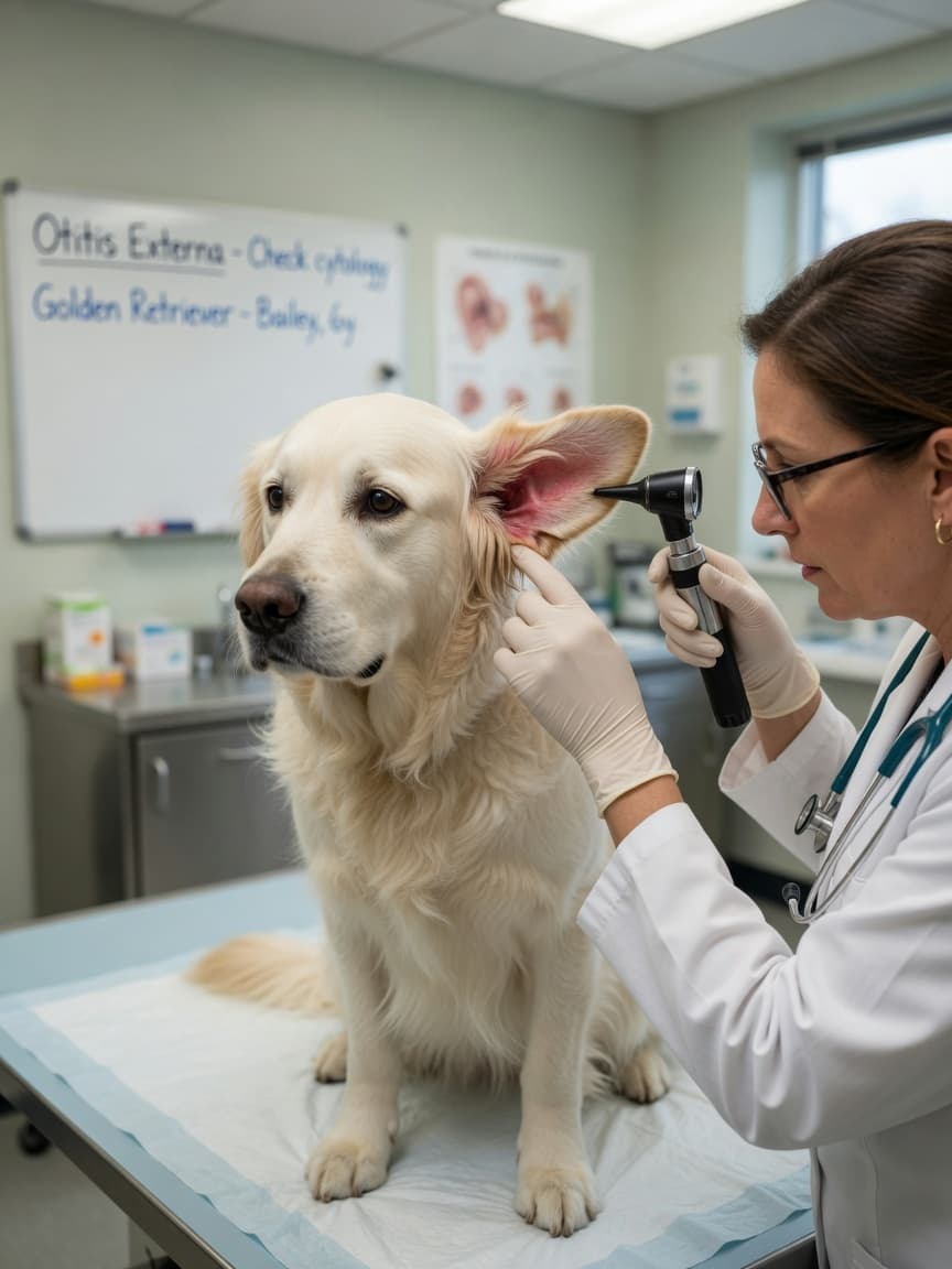 Veterinarian examining a Golden Retriever's inflamed ear during a food allergy diagnostic examination