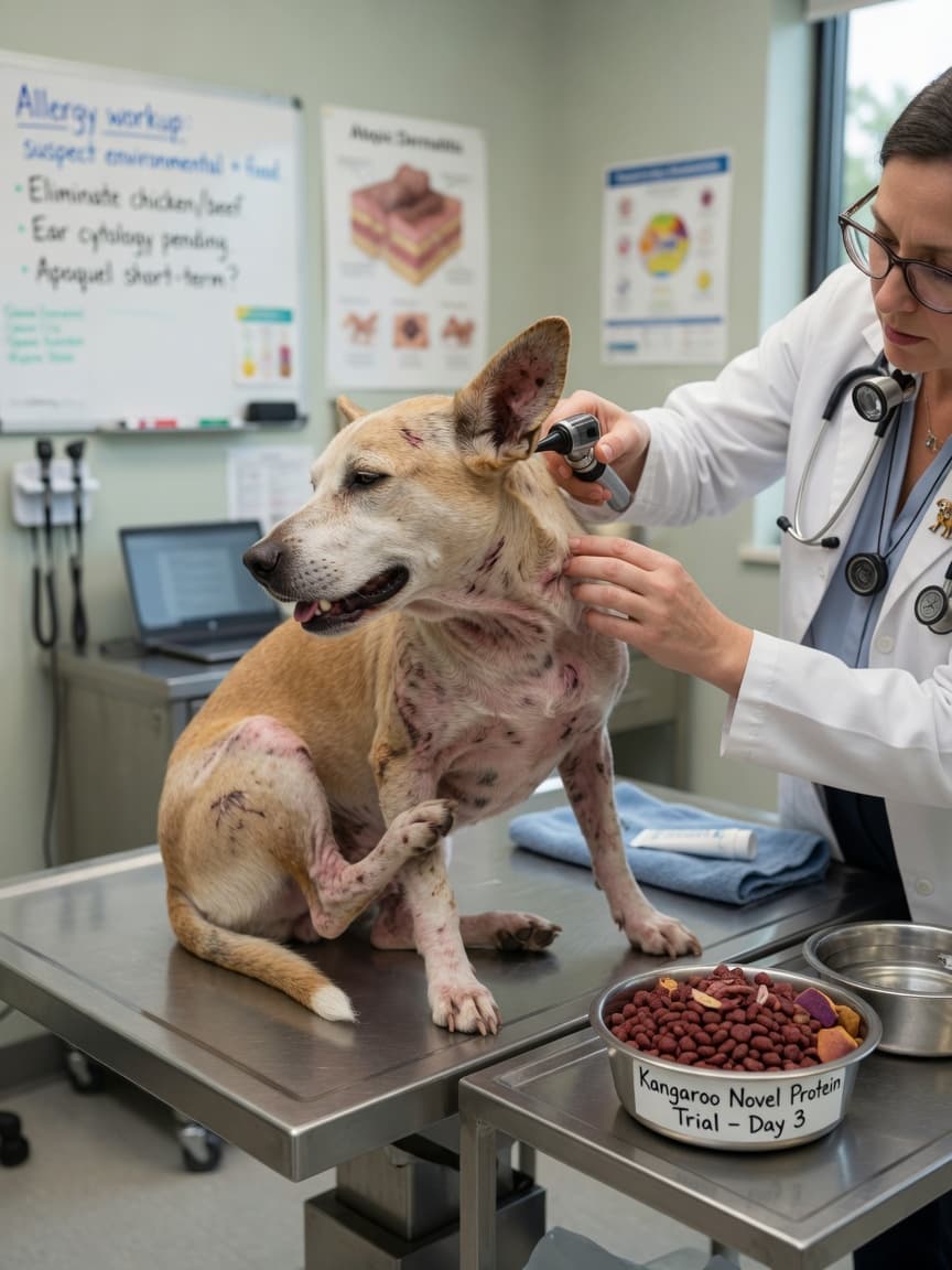Veterinarian examining an allergic dog's ear during an elimination diet diagnosis consultation