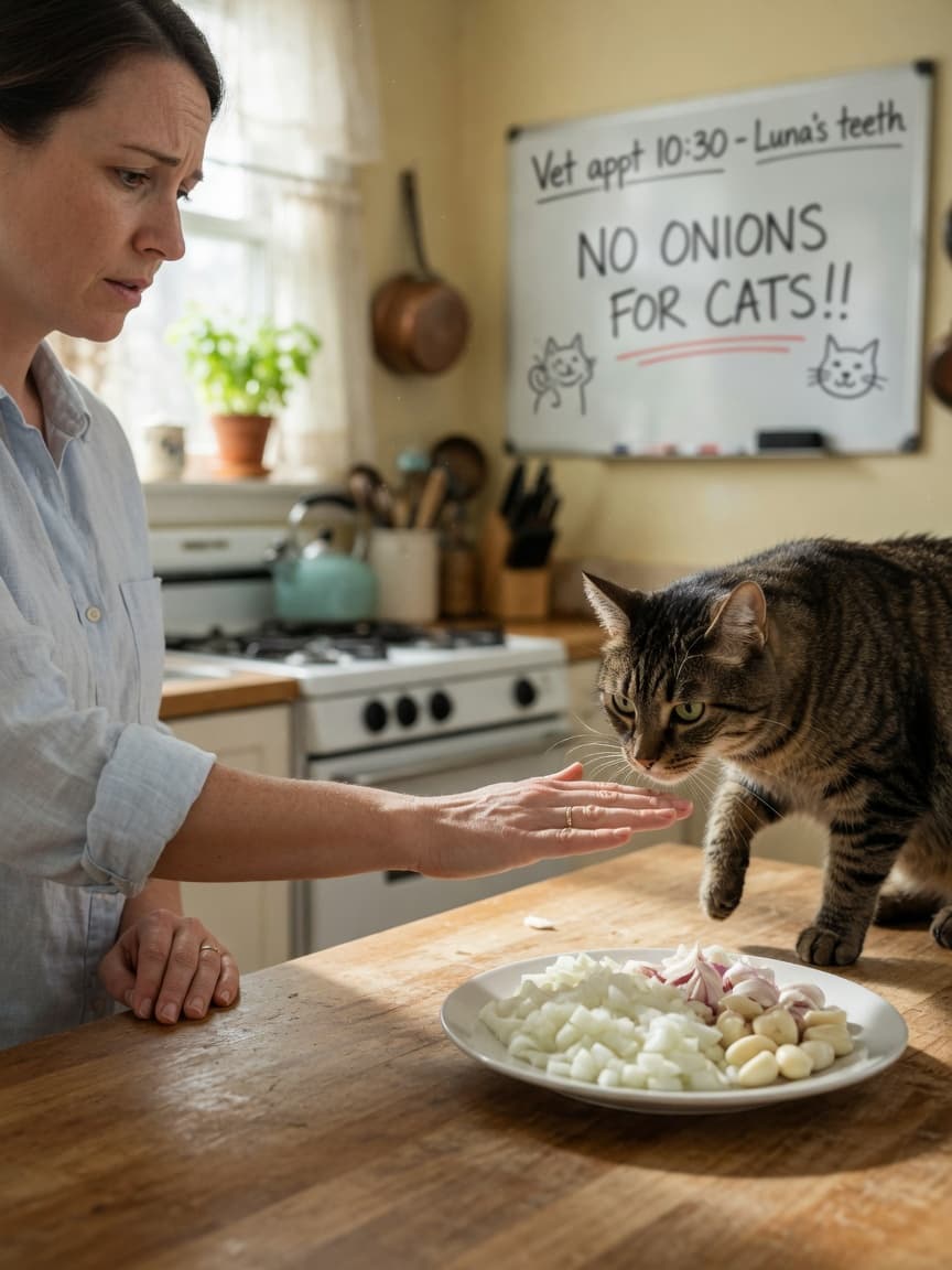 Cat owner protecting onions and garlic from a curious tabby cat on a kitchen counter