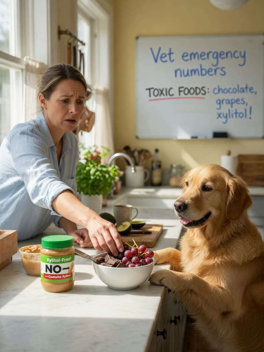 Dog owner urgently removing toxic foods from kitchen counter away from curious dog