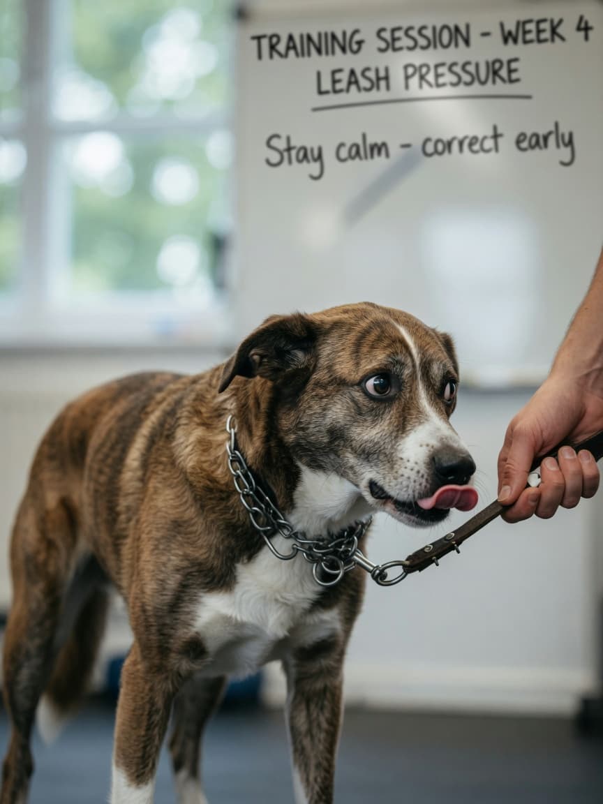 Anxious dog in prong collar showing stress signals during aversive training session