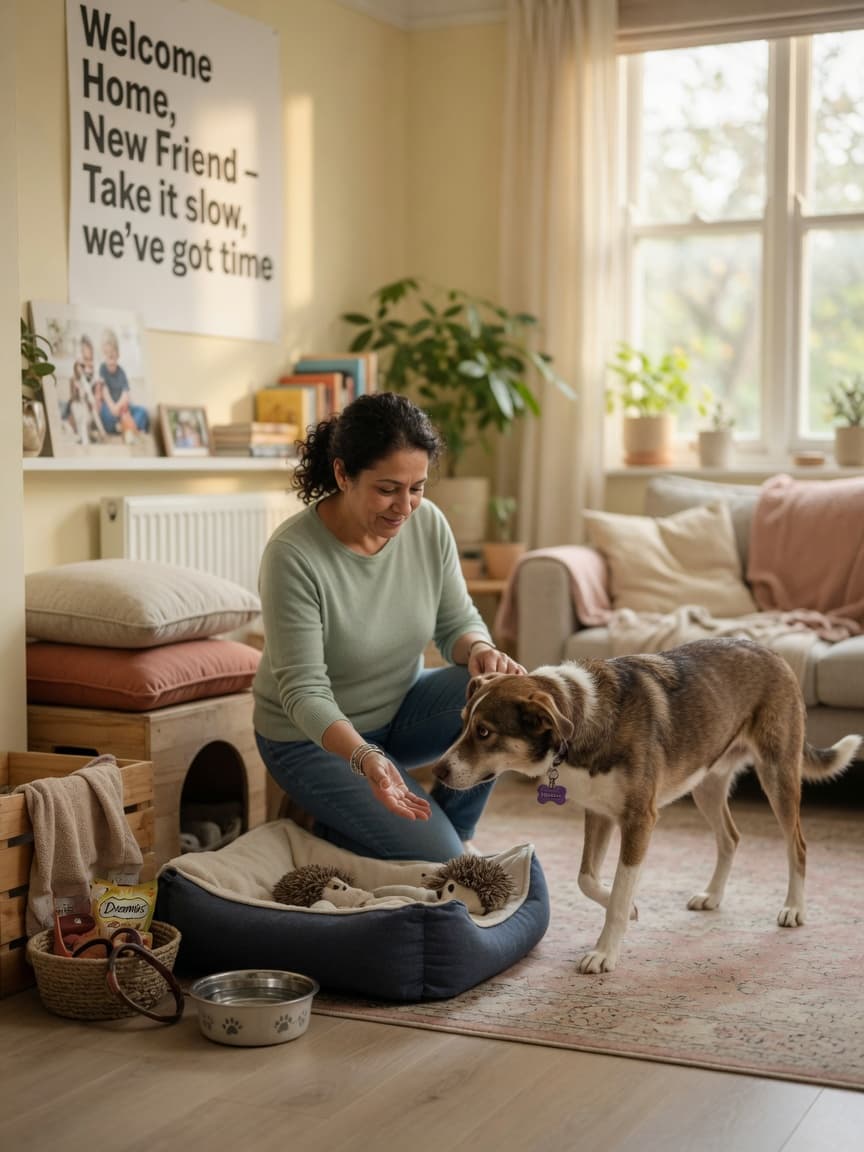 A foster carer gently greeting a nervous rescue dog in a safe, quiet corner of a bright home