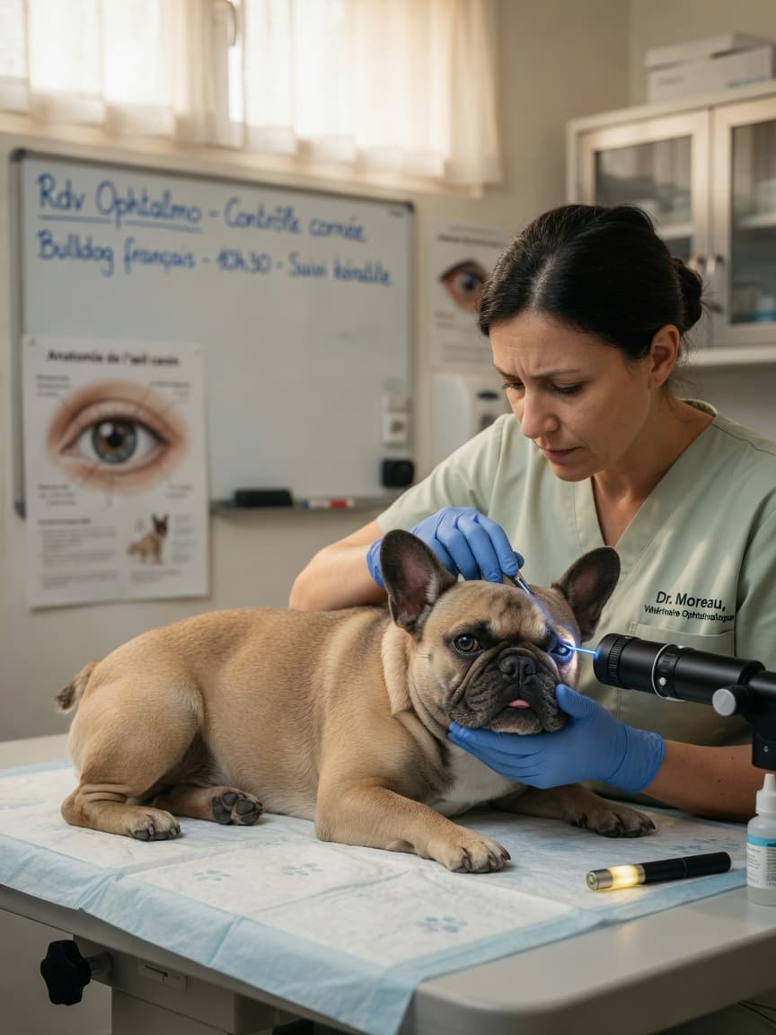 Veterinarian gently examining a French Bulldog's eye with an ophthalmologic instrument during a routine eye exam