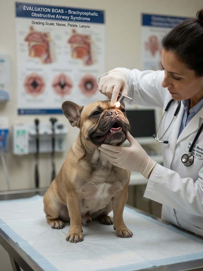 Veterinary surgeon examining a fawn French Bulldog's airway during a BOAS functional assessment on an examination table