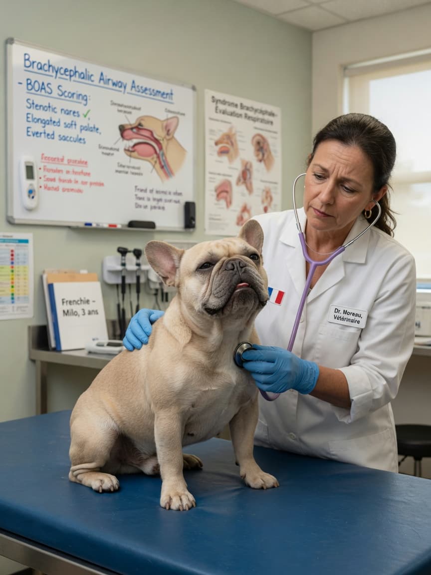 French Bulldog undergoing airway assessment with veterinarian in clinic