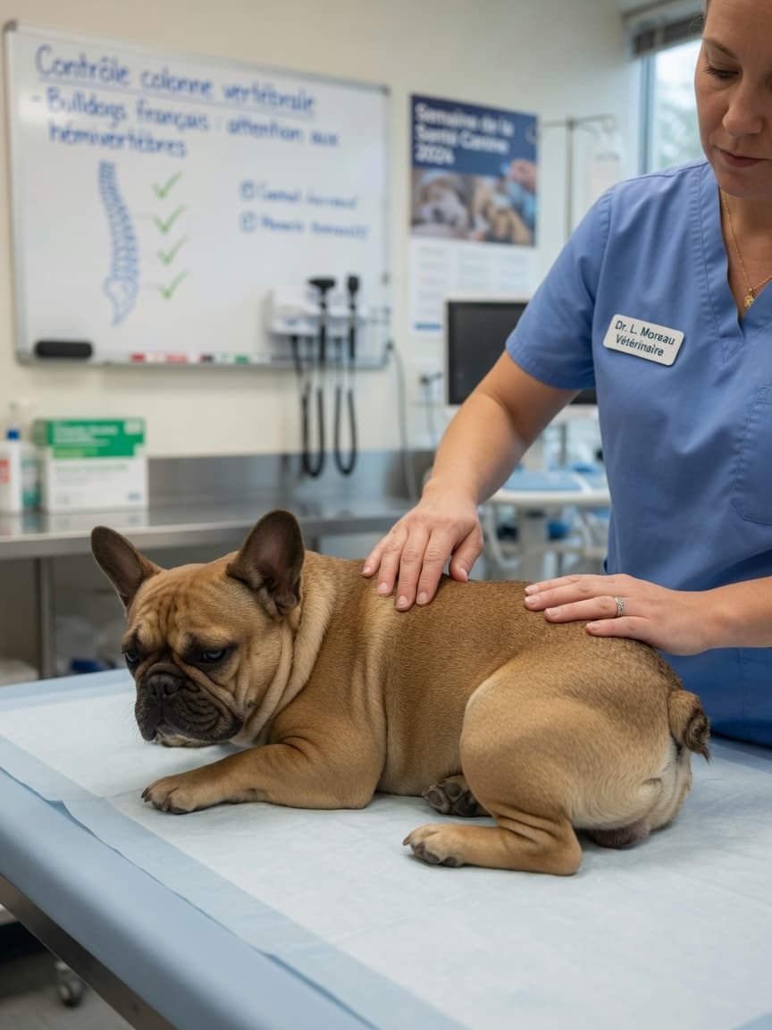 Veterinarian examining a French Bulldog's spine during a health assessment
