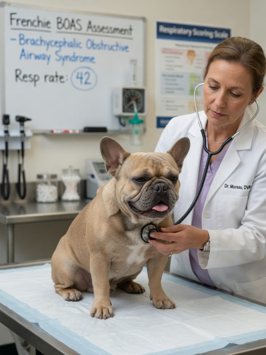 French Bulldog undergoing breathing assessment with veterinarian on clinical examination table
