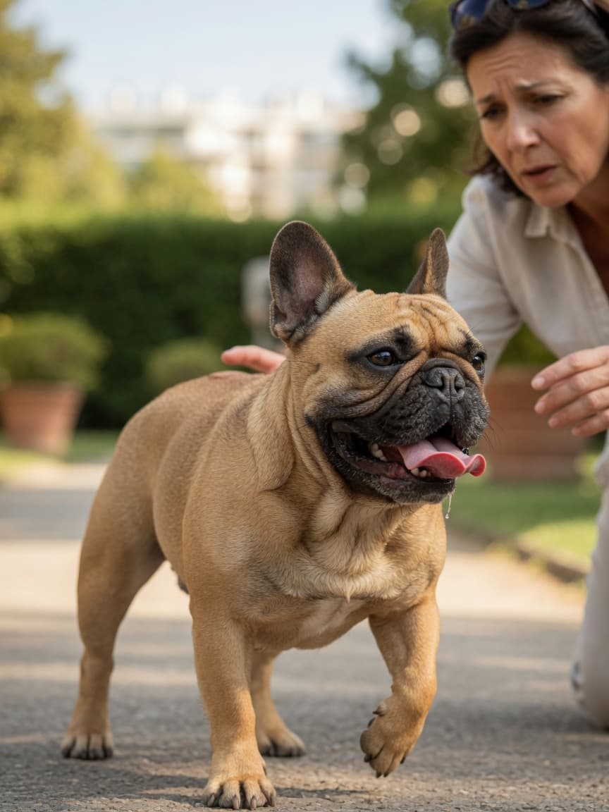 Fawn French Bulldog with labored breathing and concerned owner during exercise, showing BOAS symptoms