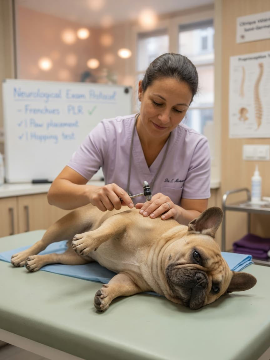 Veterinarian performing gentle neurological examination on a calm fawn French Bulldog during a clinical checkup