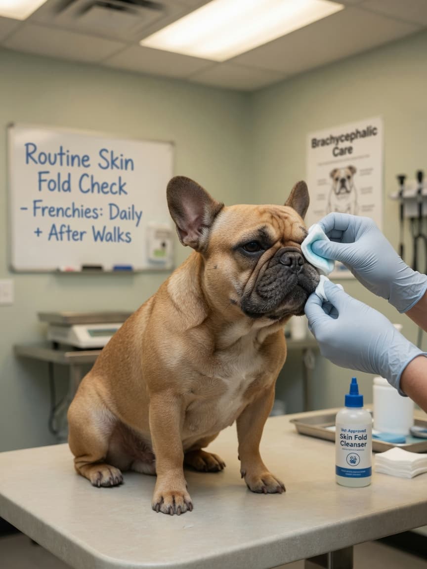 Veterinarian cleaning French Bulldog facial folds with cotton pads and cleaning solution during a skin care examination