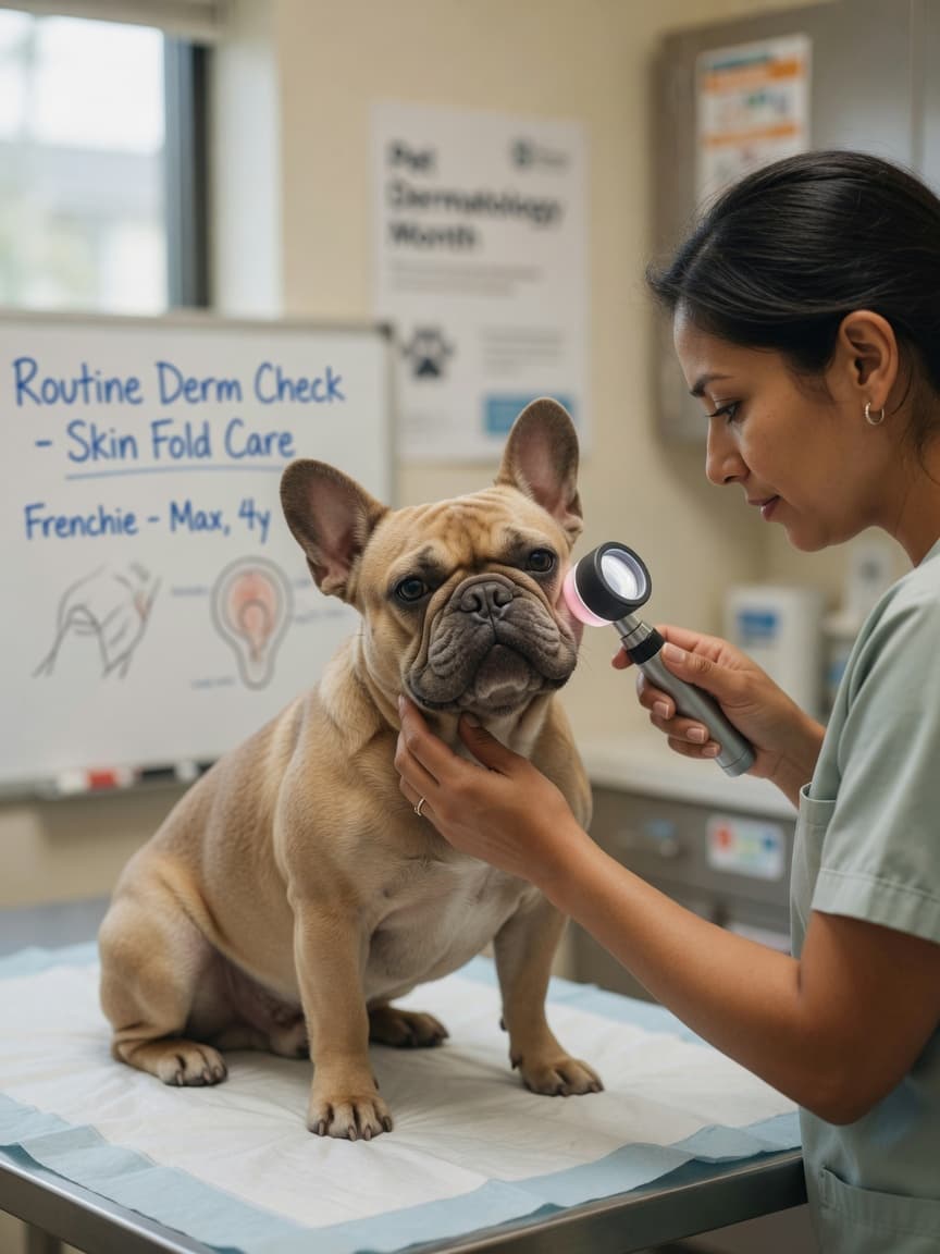 A French Bulldog being gently examined by a veterinarian during a skin check appointment