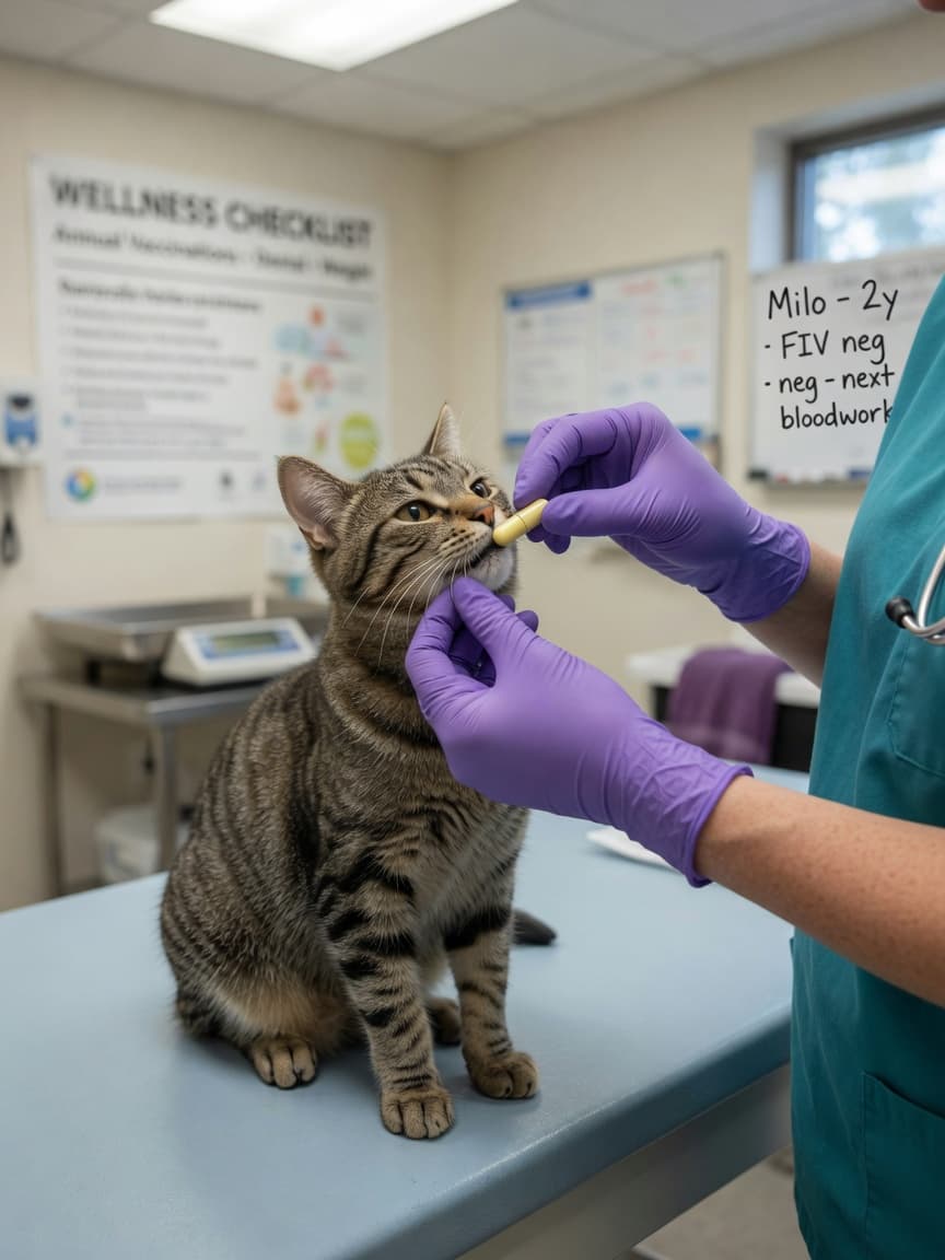 Veterinarian administering gabapentin medication to a tabby cat during a clinical examination