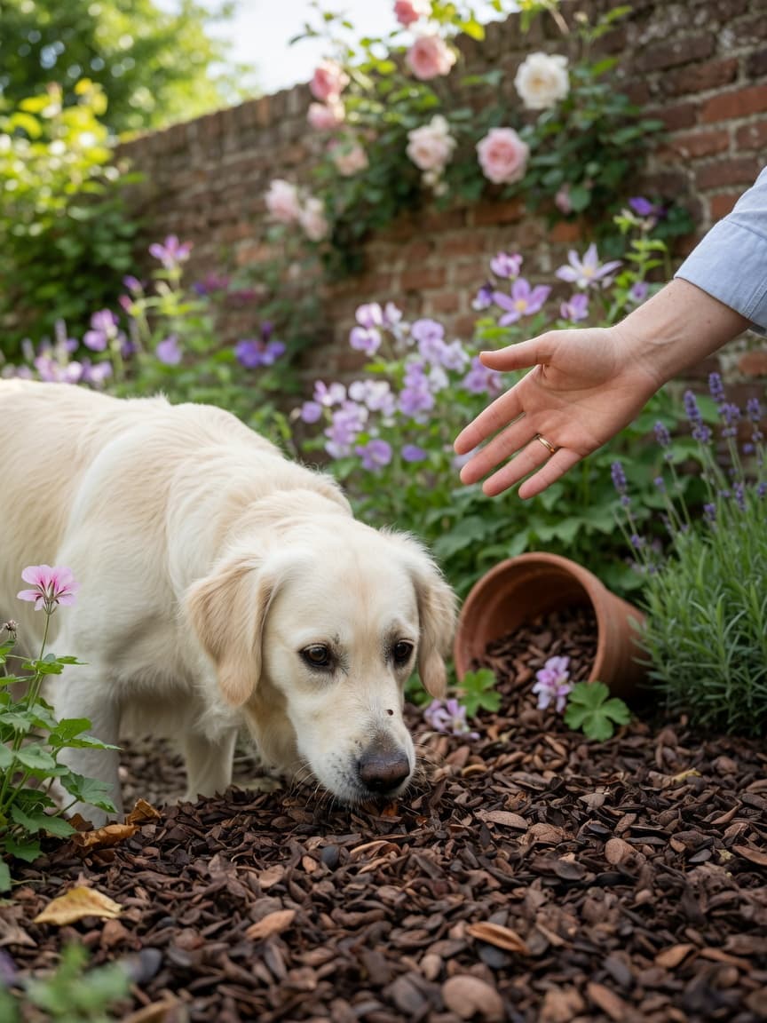 Golden retriever sniffing cocoa shell mulch in a garden with owner reaching out in concern