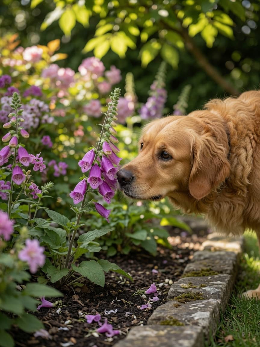 Golden retriever sniffing dangerous foxglove flowers in garden