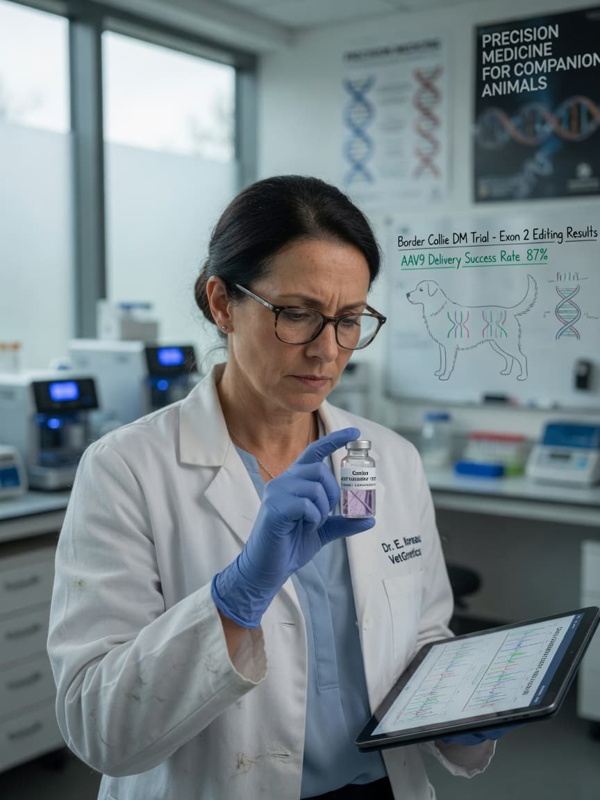 Veterinary researcher examining a genetic sample in a modern laboratory setting, representing gene therapy research and development