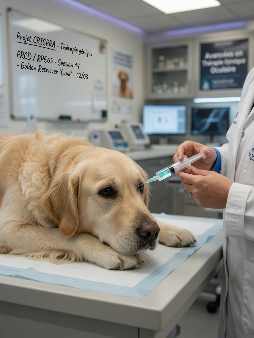 A calm Golden Retriever receiving a precise gene therapy injection near the eye in a modern veterinary research facility