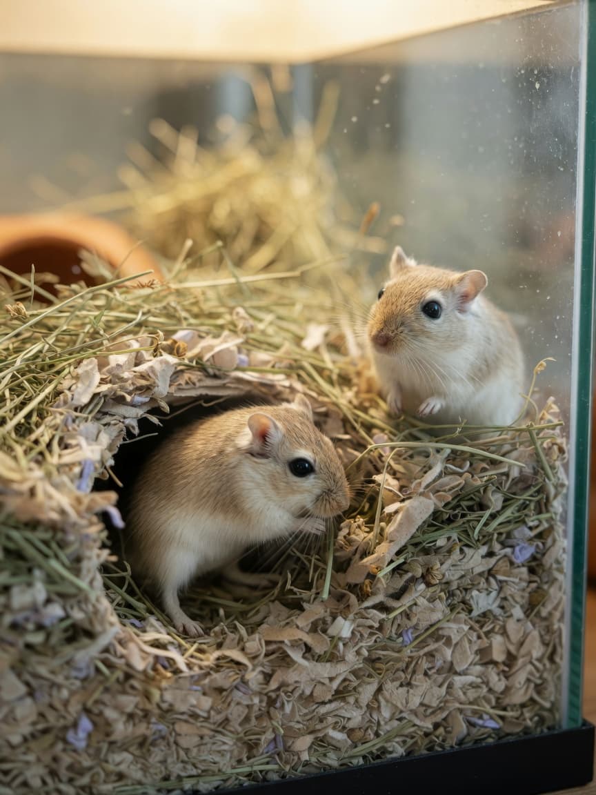 Two Mongolian gerbils burrowing together in a glass terrarium with deep bedding and hay