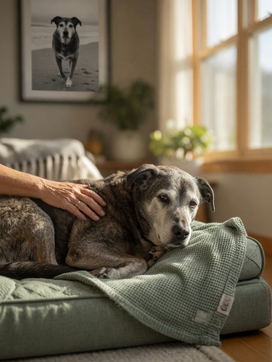 A grey-muzzled senior dog resting peacefully on an orthopedic bed with their owner's gentle hand on their shoulder in warm natural light