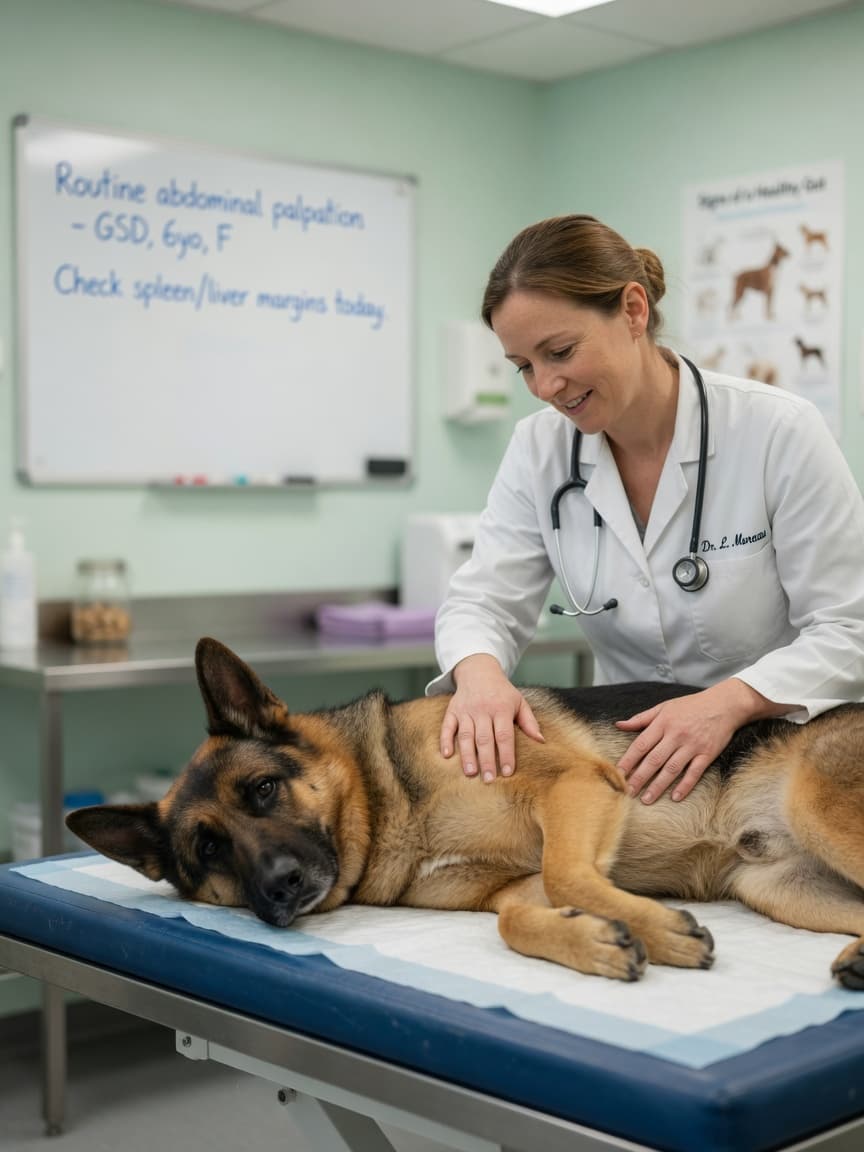 Veterinarian gently examining a calm German Shepherd's abdomen during a clinical examination