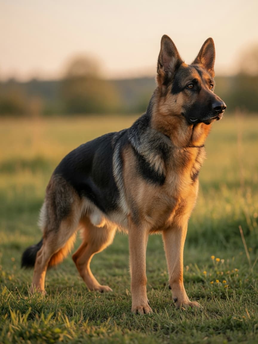 German Shepherd Dog standing alert in profile on grass during golden hour, displaying characteristic black and tan coat, erect ears, and athletic build