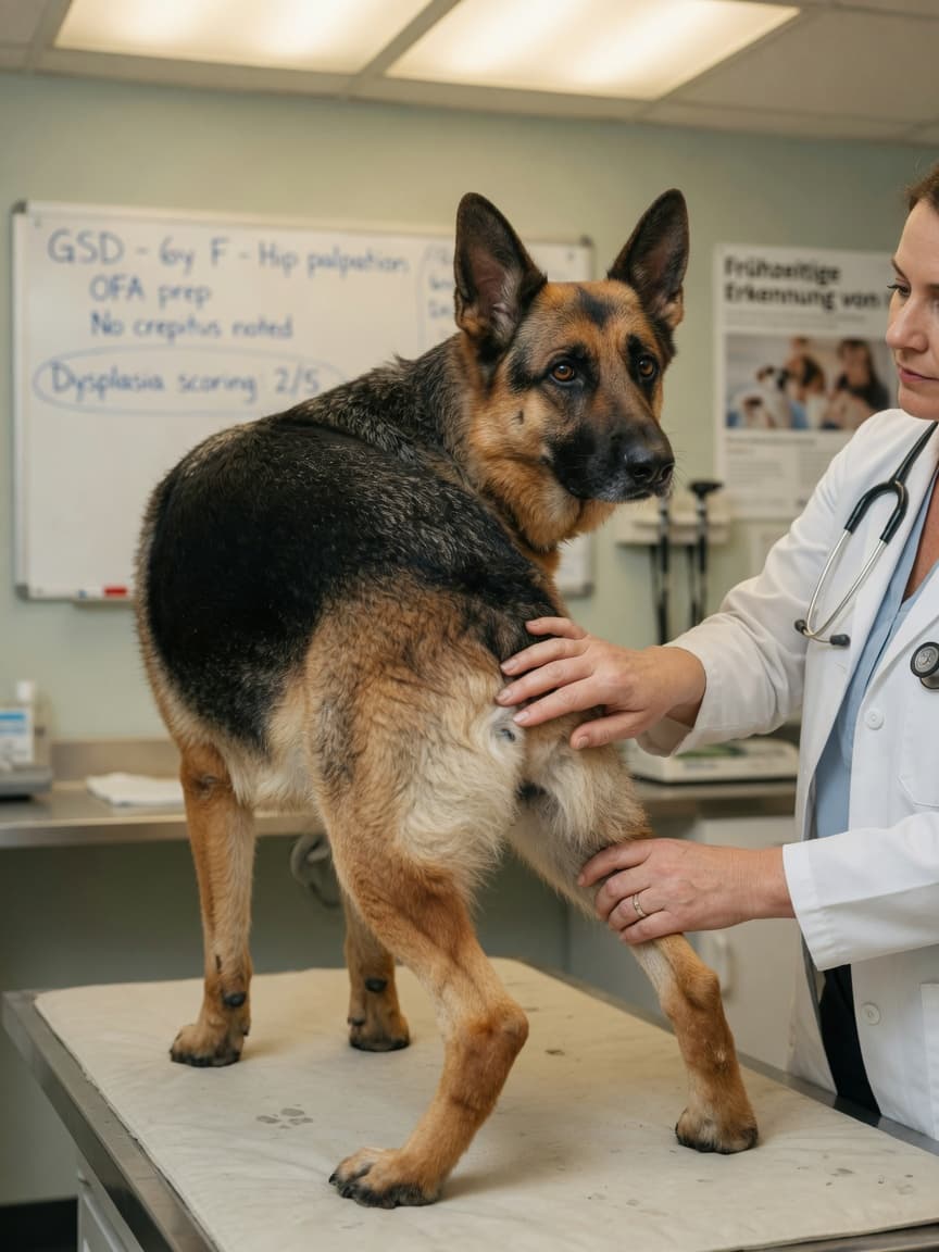 Veterinarian examining a German Shepherd's hip and hind leg during a health assessment for hip dysplasia