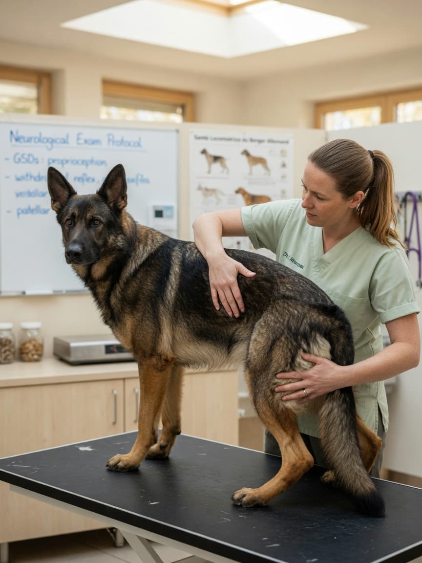 Veterinarian performing a neurological examination on a healthy German Shepherd in a modern clinic setting