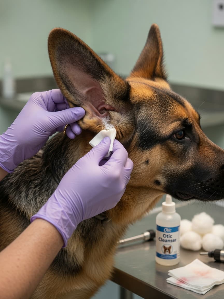 Veterinarian performing ear cleaning and inspection on a German Shepherd during professional ear care examination