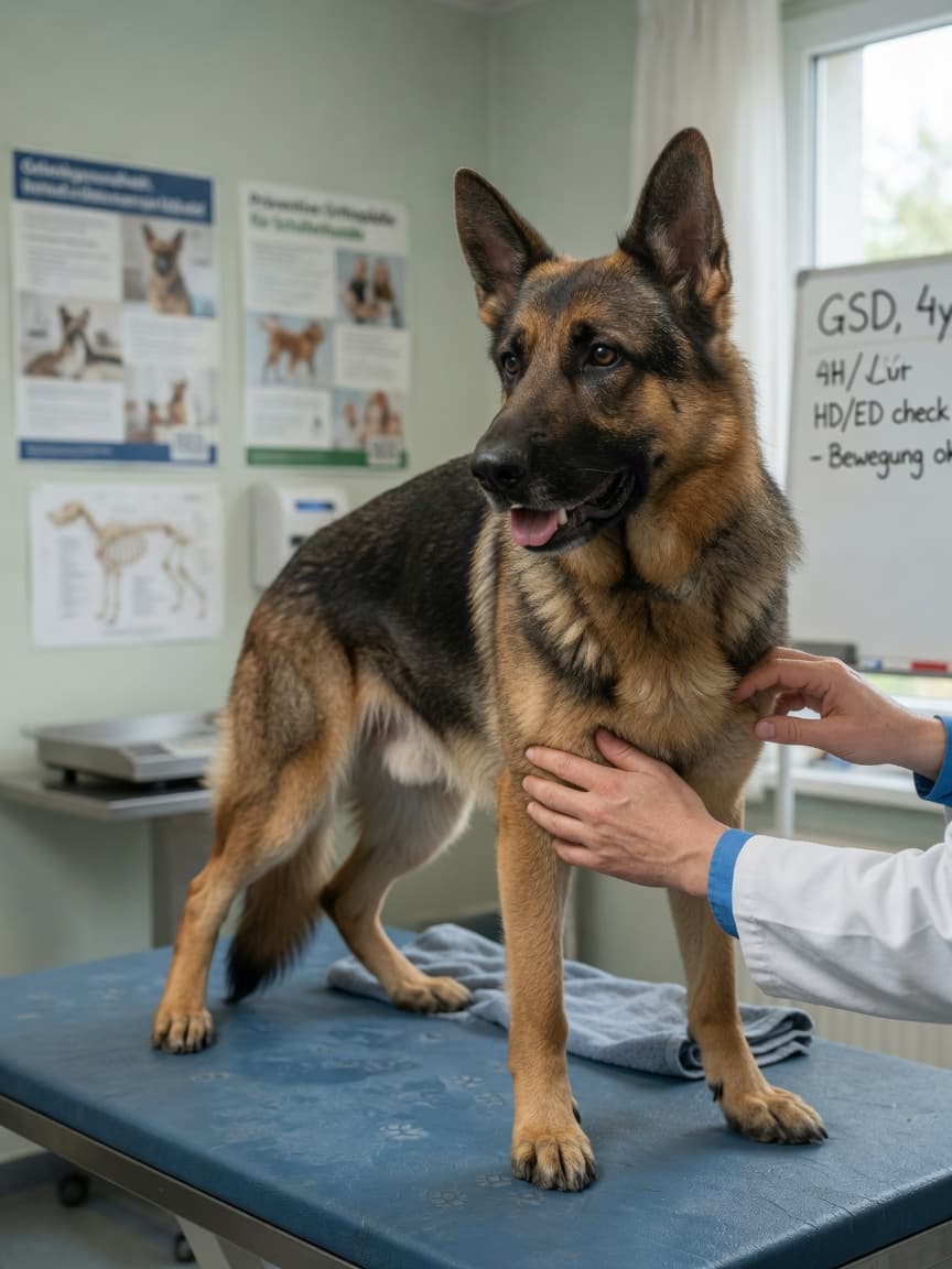 German Shepherd undergoing veterinary examination for hip and elbow dysplasia screening at a clinic