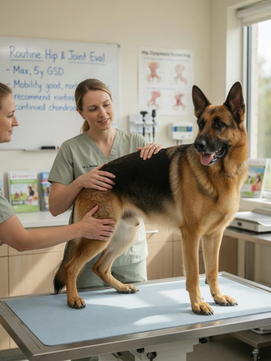 Veterinarian gently examining a German Shepherd's hip and hind leg on an examination table in a bright clinic