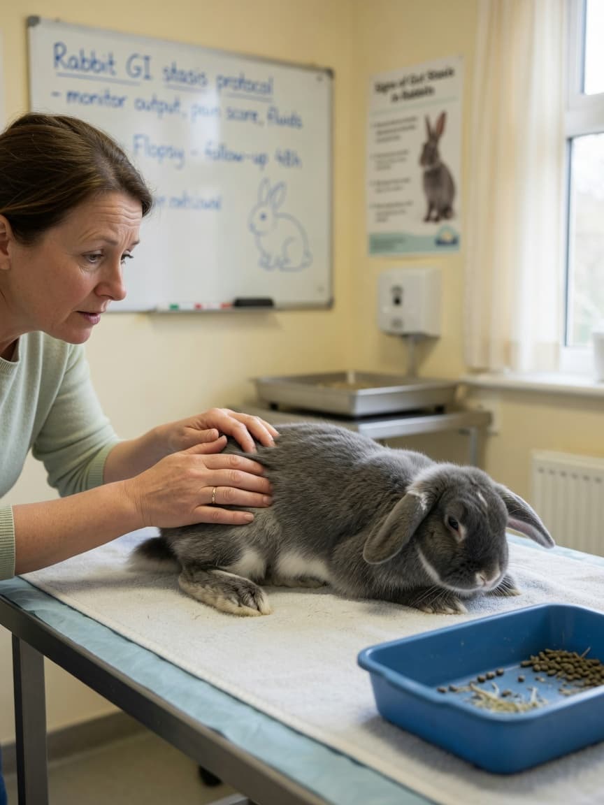 Rabbit owner examining the abdomen of a lethargic rabbit showing signs of GI stasis, with a litter tray showing reduced droppings nearby