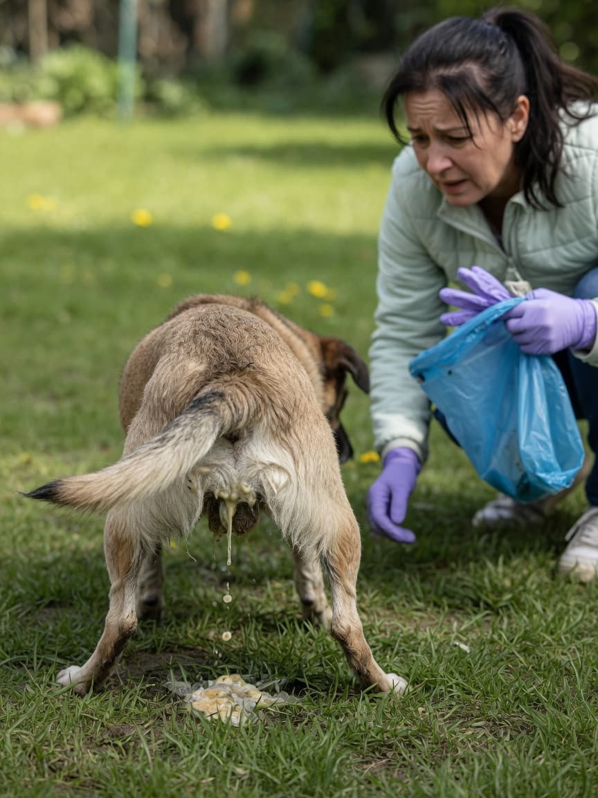 Dog with loose diarrhea outdoors, owner nearby with waste bag showing concern about giardia symptoms