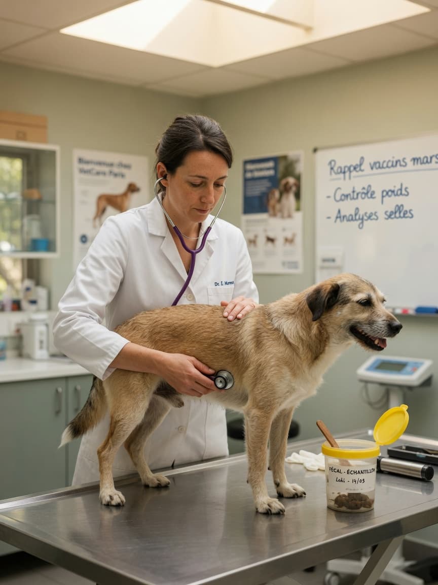 Veterinarian examining a dog's abdomen during a diagnostic visit for suspected gastrointestinal parasites