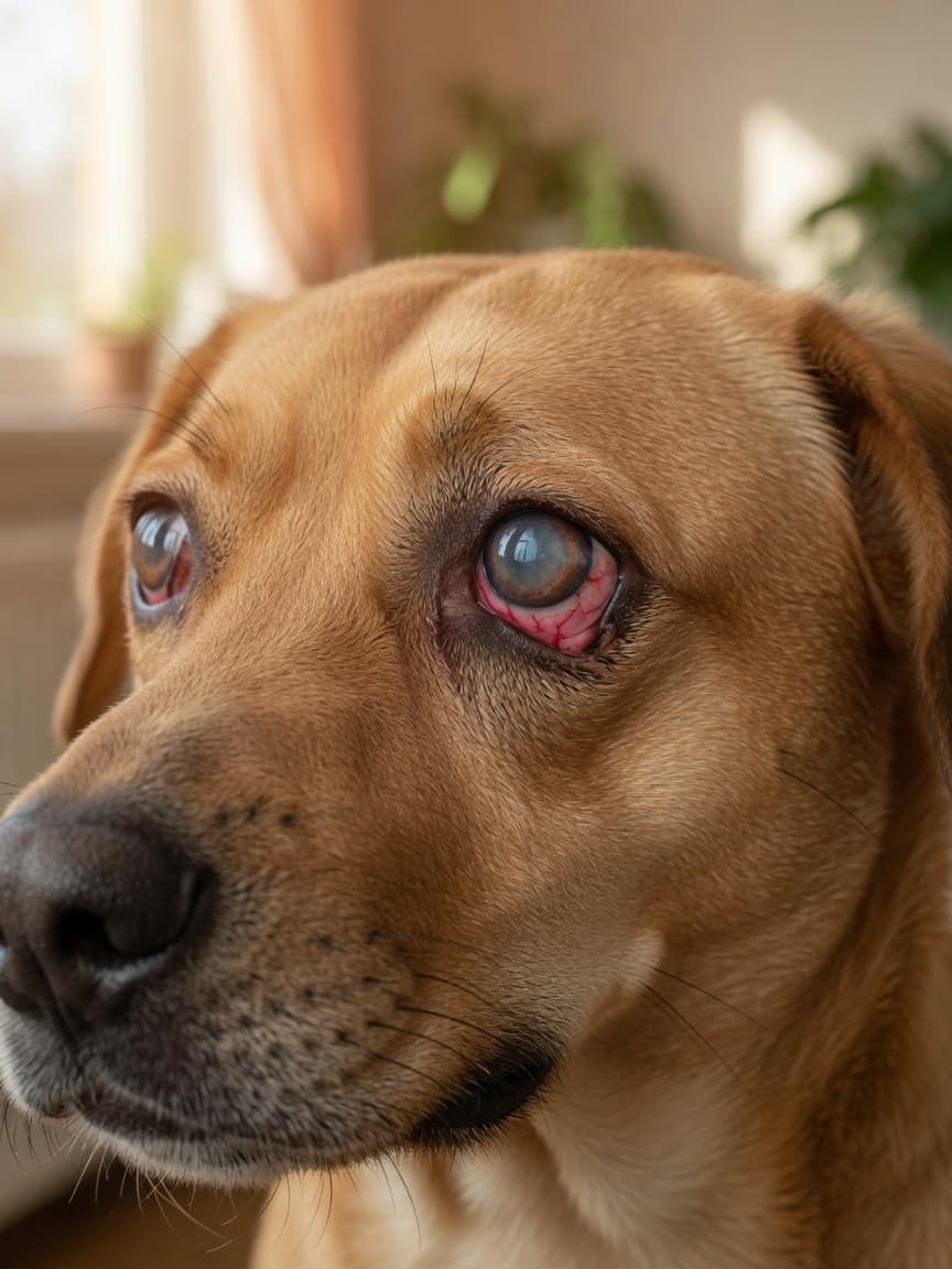 Close-up of a dog's eye showing redness, corneal haze, and prominence indicating early glaucoma symptoms
