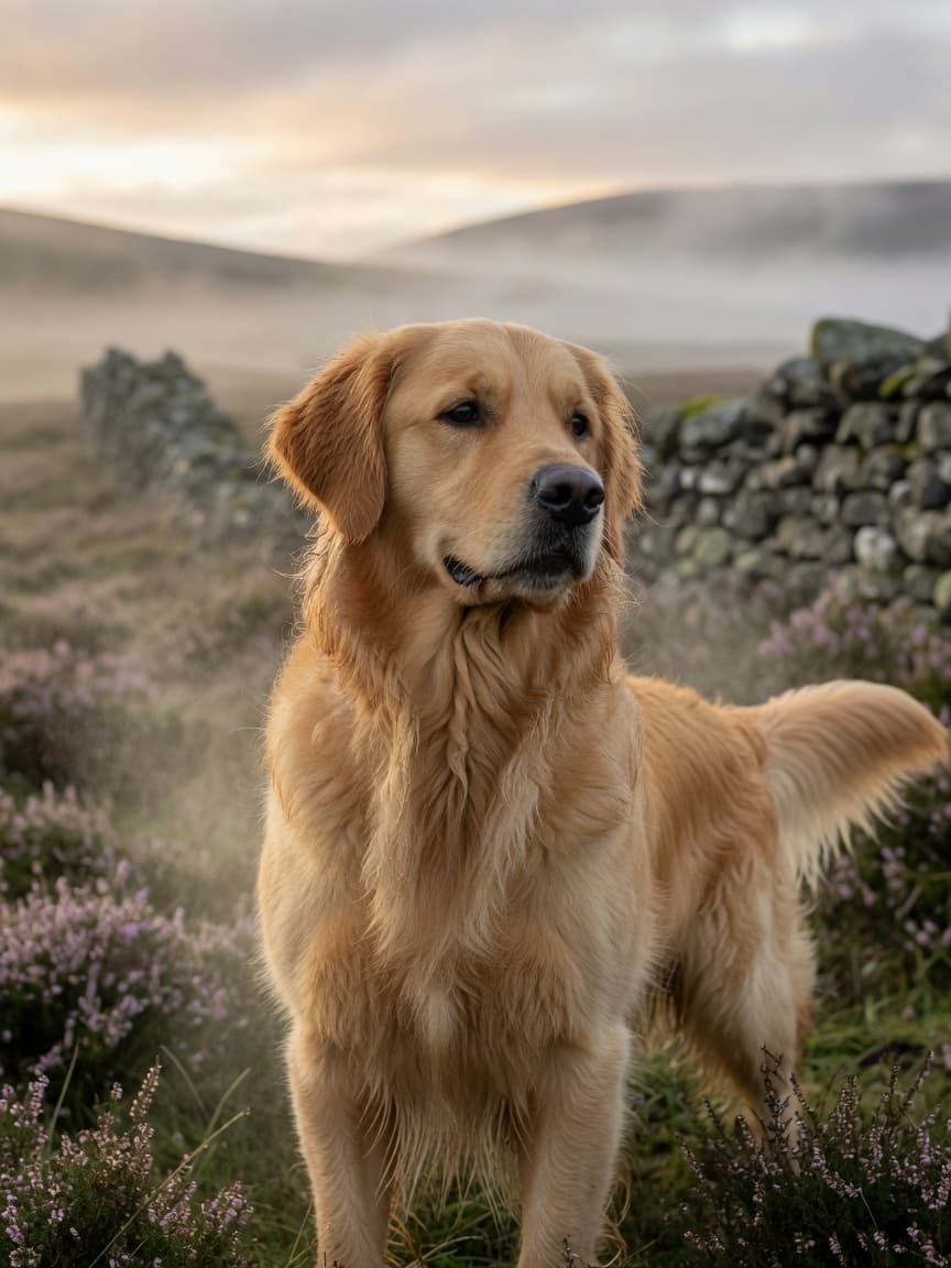 A pristine Golden Retriever with pale golden coat standing alert on misty Scottish Highland moorland, showcasing ideal breed conformation and gentle expression.