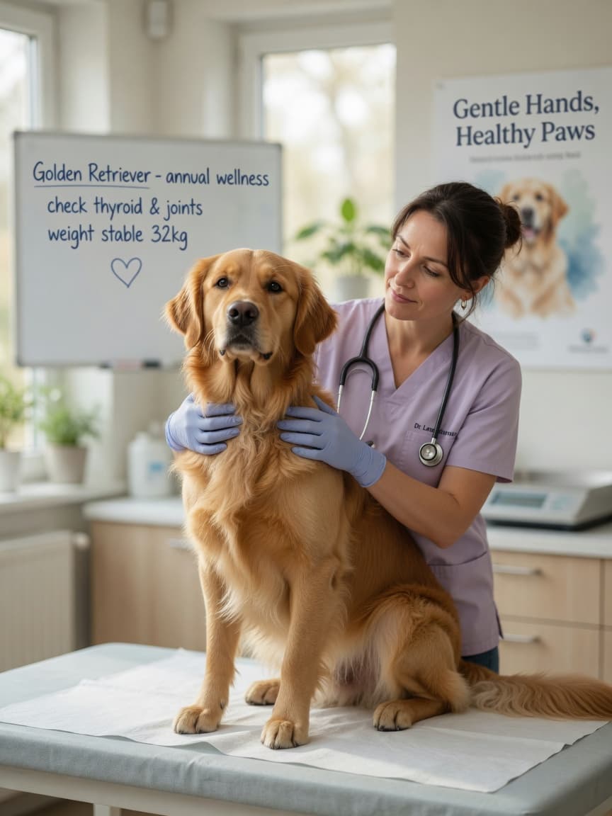 Veterinarian gently examining a healthy Golden Retriever during a wellness check in a modern clinic with natural light
