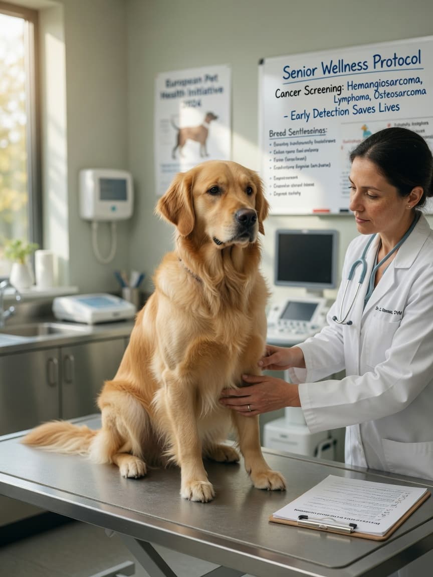 Golden Retriever undergoing preventive cancer screening examination with veterinarian in clinic