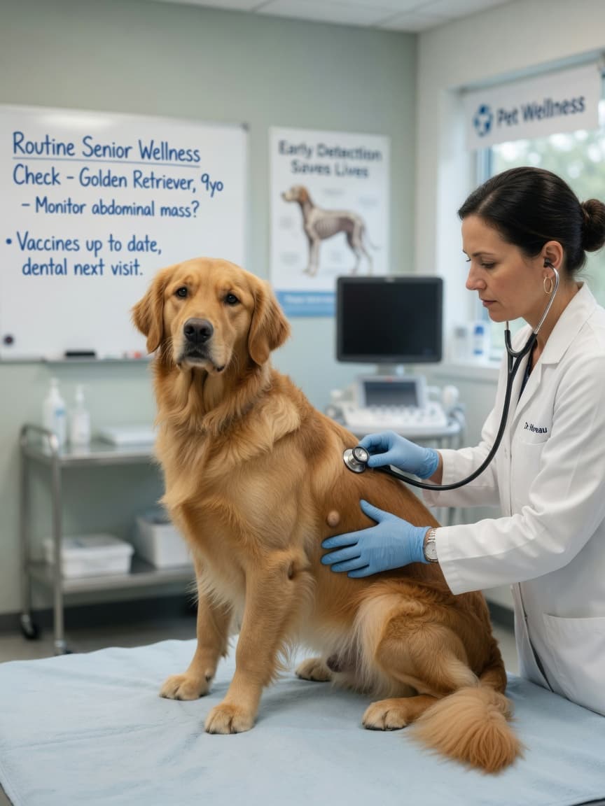 Golden Retriever undergoing veterinary health screening and cancer detection examination