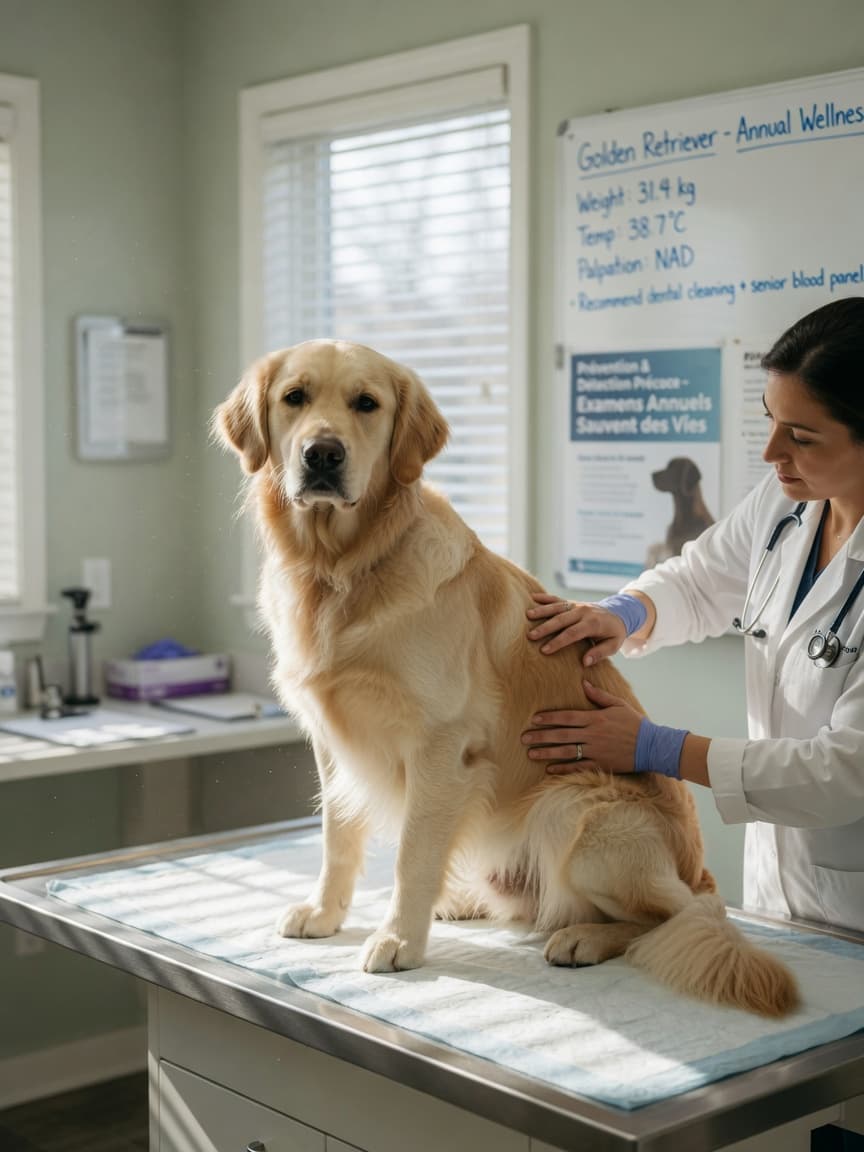Golden Retriever receiving veterinary abdominal examination for cancer early detection