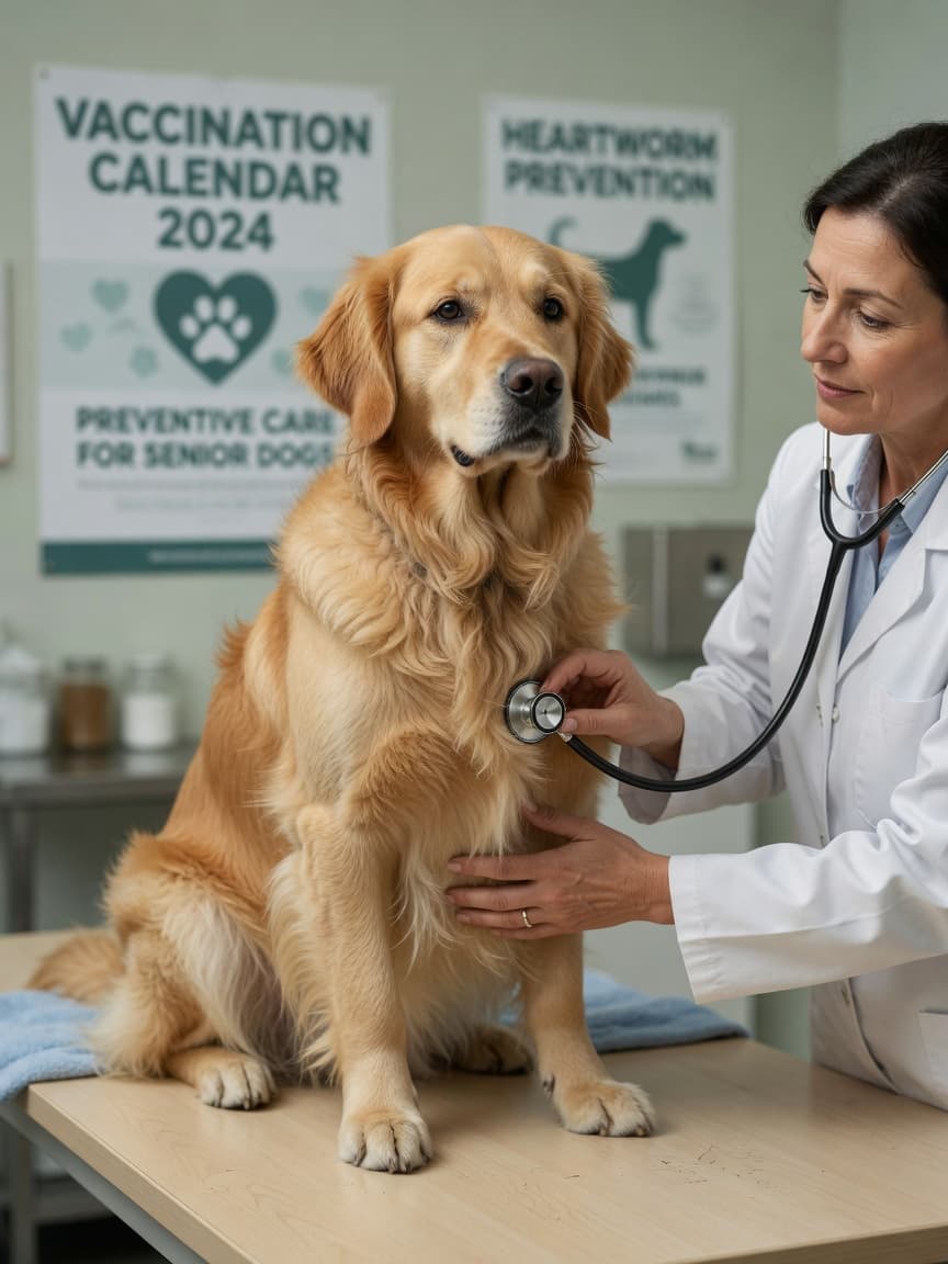 Golden Retriever receiving thorough physical examination from veterinarian with stethoscope at clinic