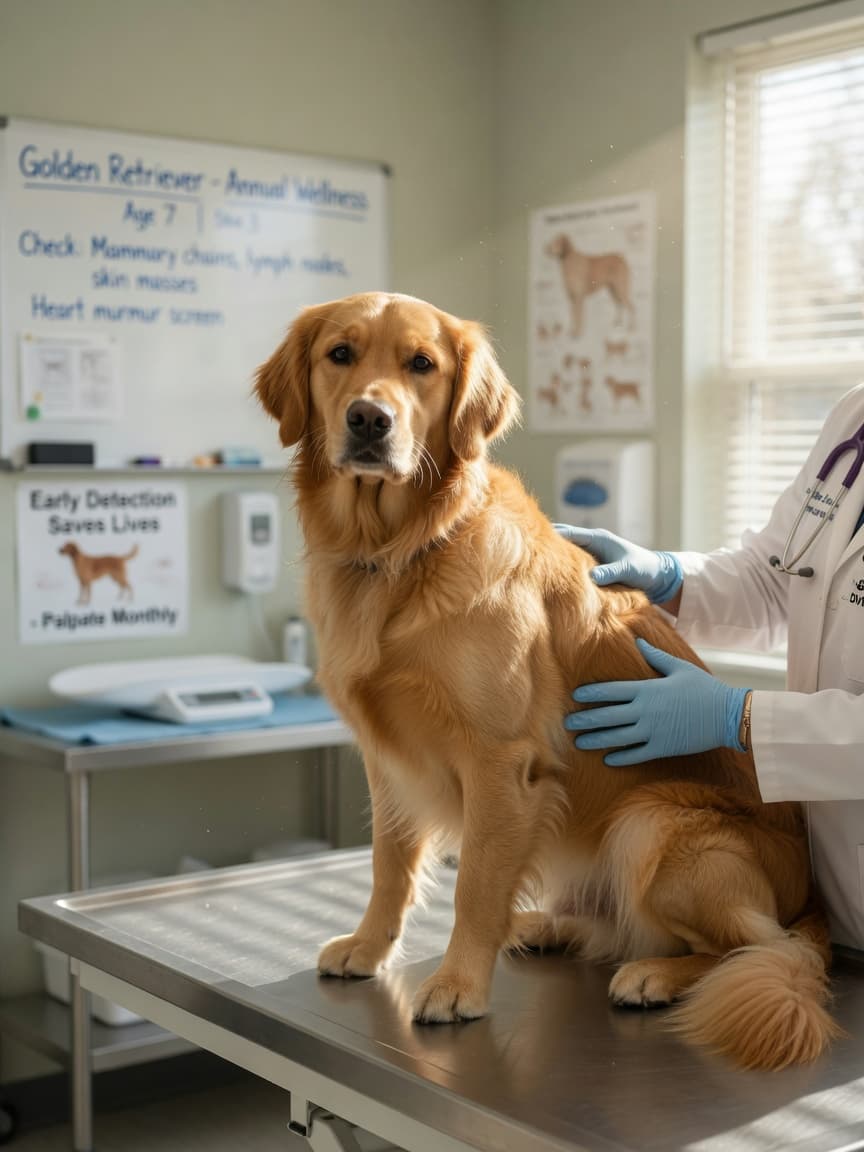 Golden retriever receiving preventative health check at veterinary clinic
