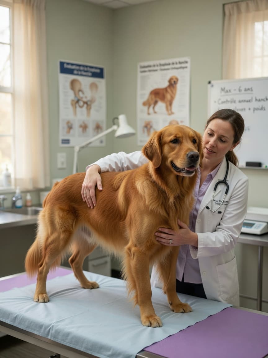 Golden Retriever undergoing veterinary hip examination by a vet in clinical setting
