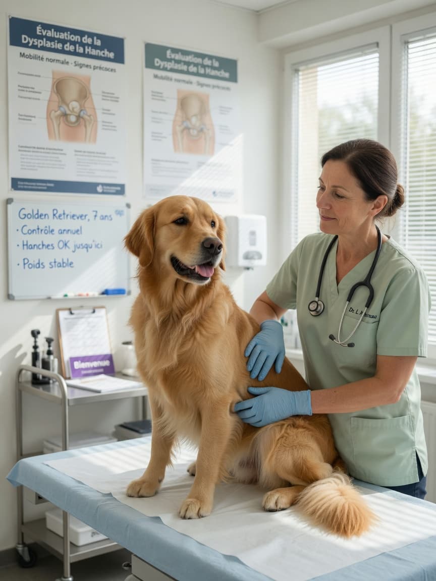 Golden retriever receiving a gentle hip examination from a veterinarian in a bright clinic