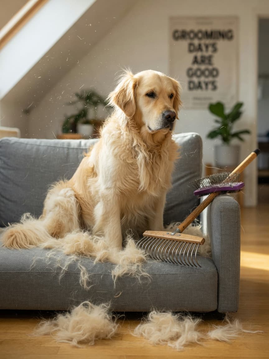 Golden Retriever shedding heavily on a sofa with grooming tools nearby, illustrating seasonal coat blowing