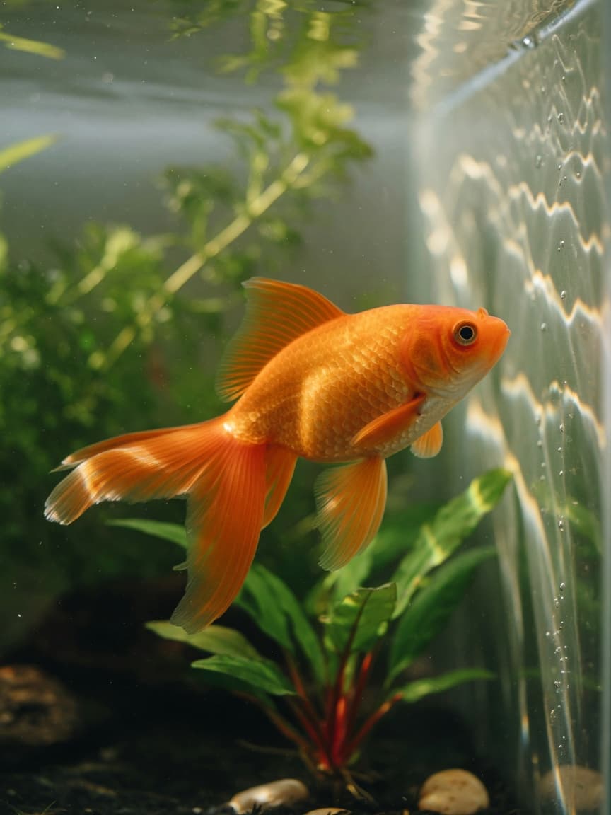 A vibrant goldfish swimming in a clear, well-maintained aquarium with natural lighting