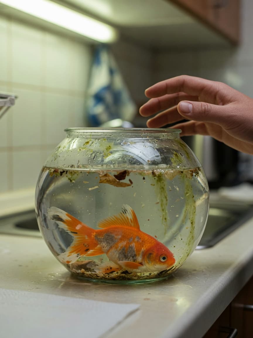 A dying goldfish in a small cloudy fishbowl, illustrating the harmful effects of inadequate tank conditions