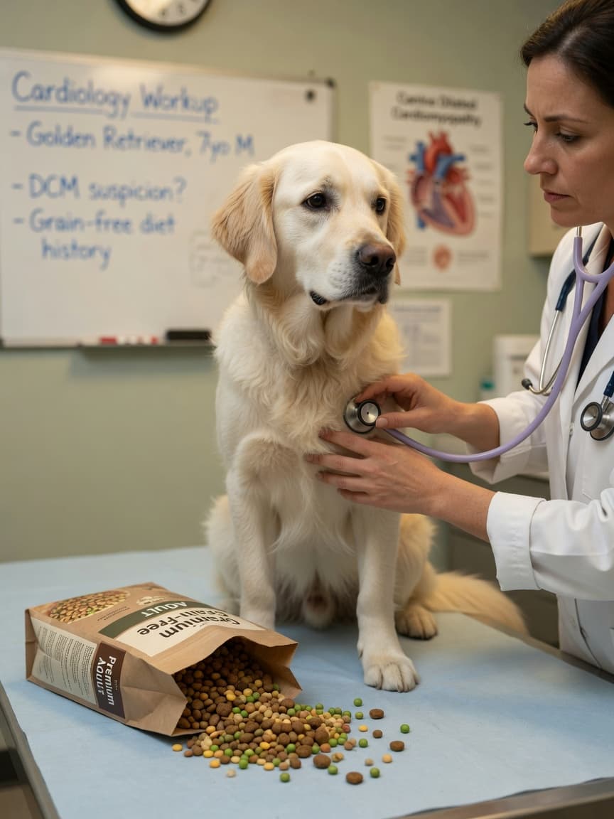 Golden Retriever undergoing cardiac examination by veterinarian, with grain-free kibble visible on examination table